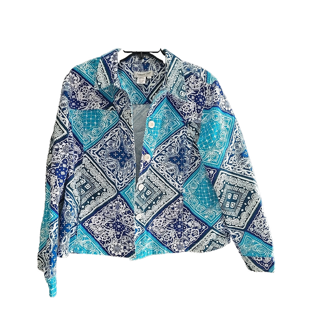 Coldwater Creek Blue Argyle Paisley Button‎ Front Long Sleeve Top Womans Size XL